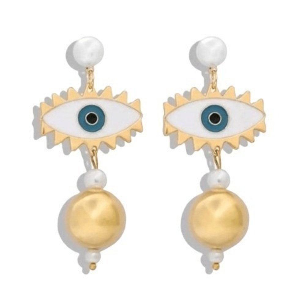 A1 Evil Eye Dangle Earrings Gold Tone Pearl Accents‎ Statement Jewelry